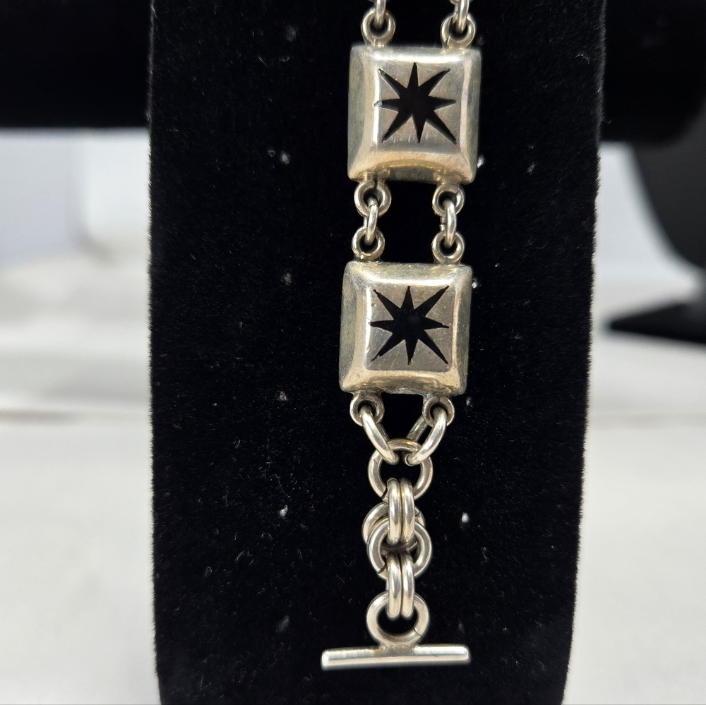 Taxco Mexico 925 Vintage Sterling Silver Strength Black Onyx Star Link Bracelet - Picture 4 of 9